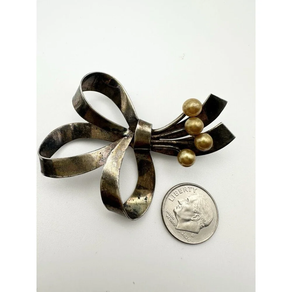 Vintage Sterling Silver Pearl Bow Tie Brooch Pin